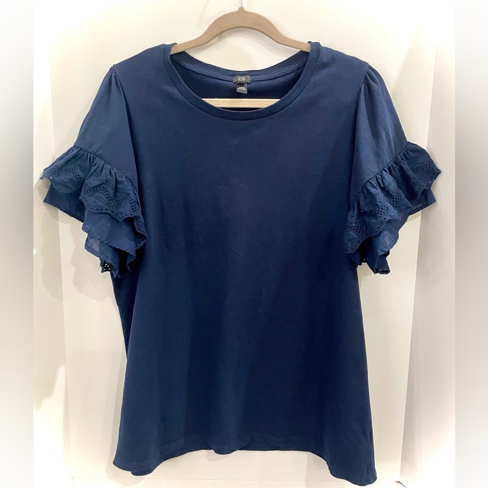 River Island from ASOS Broderie Flute Sleeve T-shirt in Navy, Women’s Size 14